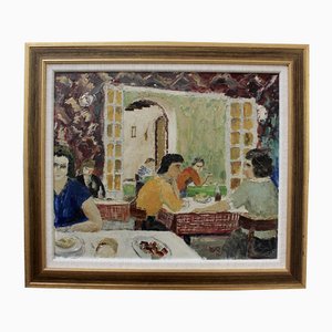 French School Artist, At the Table in a French Restaurant, 1970, Oil on Board, Framed