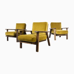 French Upholstered Armchairs in Mustard, 1940s, Set of 3