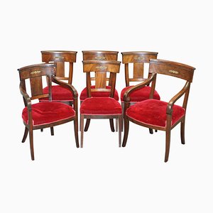 French Empire Napoleon III Revival Dining Chairs in Hardwood & Bronze, Set of 6