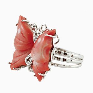 Diamant Roter Koralle Weißgold Schmetterling Design Fashion Ring