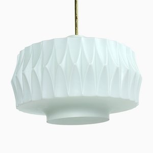 Mid-Century Ceiling Pendant in White Glass and Brass, Czechoslovakia, 1960s