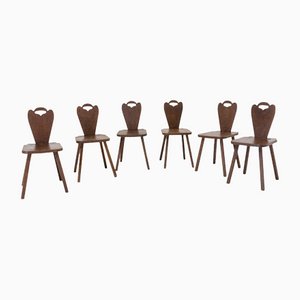 Swiss Alpine Brutalist Oak Escabelles Dining Chairs, France, 1950s, Set of 6