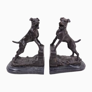 Buchstützen aus Bronze & Marmor mit Bellenden Hunden von E Drouot, Frankreich, 1890er, 2er Set