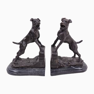 Sujetalibros de bronce y mármol con perros de E Drouot, France, década de 1890. Juego de 2