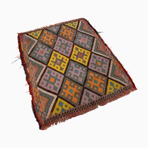 Tappeto piccolo Kilim in lana rossa, marrone e oro