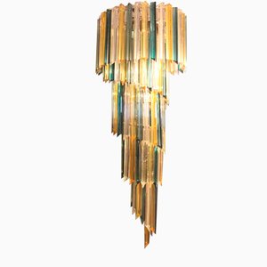 Long Green and Amber Murano Glass Spiral Chandelier in the Style of Venini