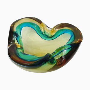 Heavy Italian Murano Glass Amber Teal Bowl Shell Ashtray by Flavio Poli, 1970s