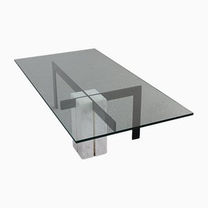 Low Coffee Table with White Marble Base and Metal Frame and Glass Top, 1960s