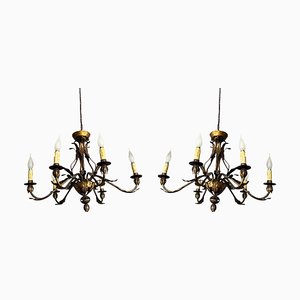 Italian Golden Chandeliers with 6 Candles, Set of 2
