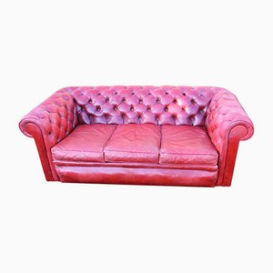 Red Leather 3 Seater Chesterfield Sofa, 1960s
