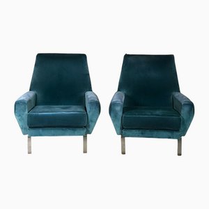 Vintage Lounge Chairs in Chromed Steel and Blue Velvet, Set of 2