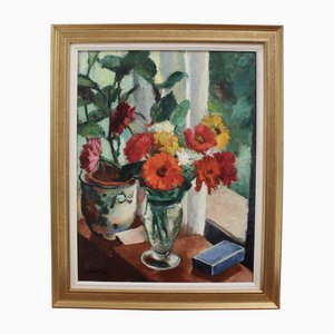 Charles Kvapil, Flowers in the Window, 1937, Oil on Canvas, Framed