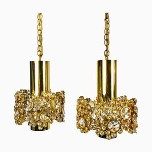 German Gilt Brass and Crystal Glass Chandeliers by Palwa, 1970s, Set of 2