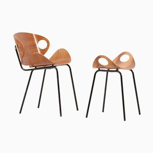 Chair and Stool by Olof Kettunen for Merivaara, Finland, 1950s, Set of 2