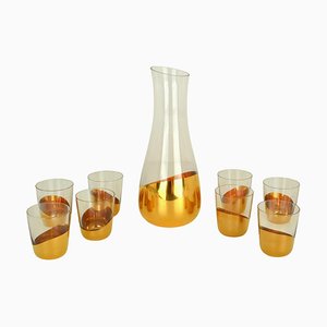 Bicchieri soffiati e caraffe con decorazione in oro, set di 12