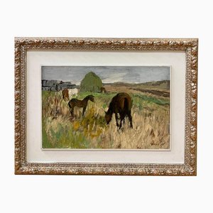 Leonid Vaichilia, Grazing Horses, 1965, Oil on Canvas, Framed