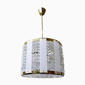Crystal, Brass and White Acrylic Glass Drum Light, 1960s