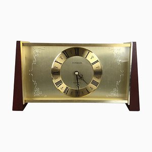 Horloge de Table Vintage Moderniste en Teck et Laiton par Dugena, Allemagne, 1960s