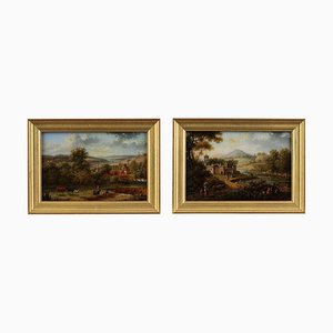 Dipinti di paesaggi, inizio XIX secolo, olio su tela, con cornice, set di 2