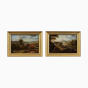 Peintures de Paysages, Début du 19ème Siècle, Huile sur Toile, Encadrée, Set de 2