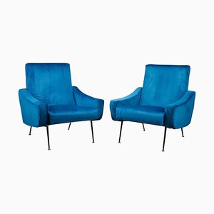 Blue Velvet Armchairs, Set of 2
