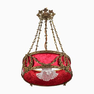 French Louis XVI Style Bronze and Red Fabric Shade Pendant Chandelier, 1920s