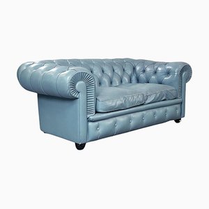 Mid-Century Italian Tiffany Blue Leather Chester Sofa by Poltrona Frau, 1980s