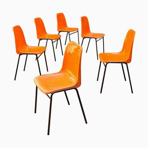 Mid-Century French Modern Stackable Orange Plastic Chairs, 1970s, Set of 6