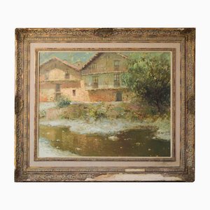 Palau Junca, Impressionist Painting with River and Chalets, Oil on Canvas, Framed