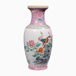 Tall Vintage Chinese Art Deco Ceramic Peacock Vase Baluster Urn