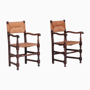 Mid-Century French Oak and Rush Armchairs, Set of 2
