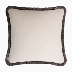 HAPPY PILLOW EDITION Velvet Cushion with Multicoloured Grey Fringes by Lorenza Briola for LO Decor