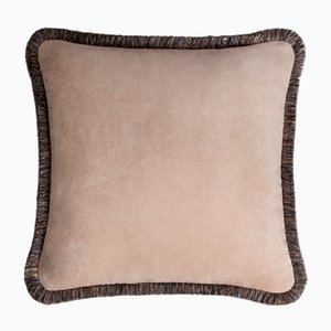 HAPPY PILLOW EDITION Velvet Cushion with Multicoloured Grey Fringes by Lorenza Briola for LO Decor