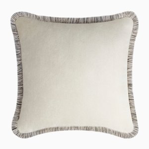 Cojín HAPPY PILLOW EDITION de terciopelo blanco con flecos multicolores de Lorenza Briola para LO Decor