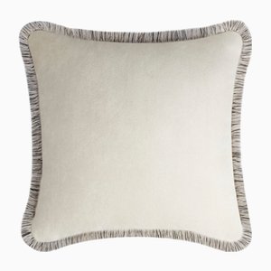 HAPPY PILLOW EDITION Velvet Dirty White Cushion with Multicoloured Fringes by Lorenza Briola for LO Decor