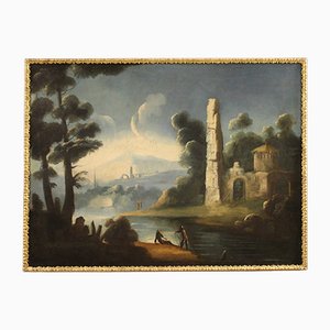 River Landscape with Ruins and Fishermen, 18th-Century, Oil on Canvas, Framed