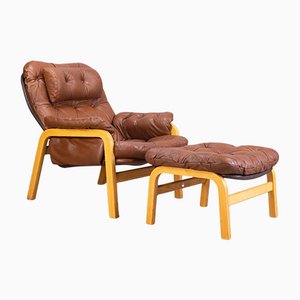 Danish Model 180 Leather Lounge Chair and Footstool from Cado, Set of 2