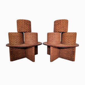 Poufs and 2 Round String Tables and Rattins, Set of 6