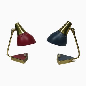 Lampade da comodino piccole in ottone rosse e blu, anni '50, set di 2