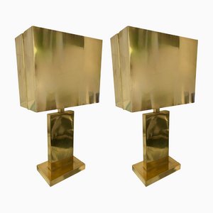 French Brass Table Lamps with Brass Shades, 1970s, Set of 2