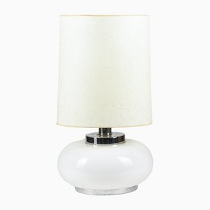 Italian Table Lamp with Chromed Metal Base and White Milk Glass & Fabric Lampshade, 1960s