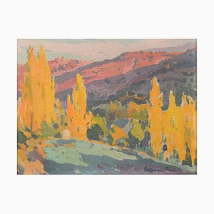 Raimon Roca Ricart, árboles otoñales con luz dorada en Martinet, óleo sobre lienzo, enmarcado