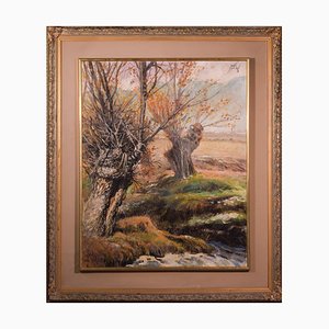 Grande studio post impressionista di salici in un paesaggio autunnale, olio su tela, con cornice
