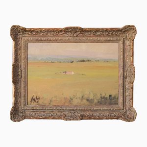 Golden Fields in La Pineda, Catalonia, Oil on Canvas, Framed