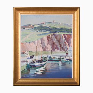 Ricard Tarrega Viladoms, paesaggio post impressionista con barche, olio su tavola, con cornice