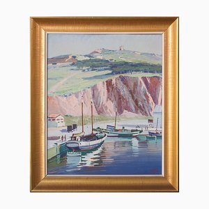 Ricard Tarrega Viladoms, Paysage Post Impressionniste avec Bateaux, Huile sur Panneau, Encadré