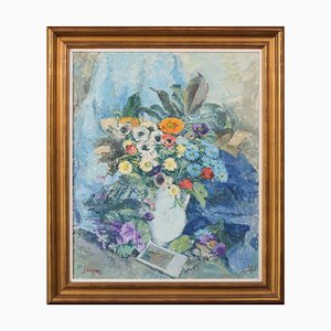 Bodegón con flores y fotografía, óleo sobre lienzo, enmarcado