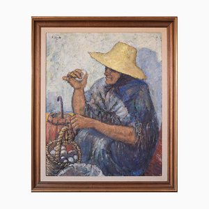 Large Portrait of a Lady with Fruit, Oil on Canvas, Framed