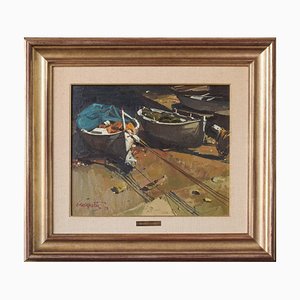Joaquim Busquets Gruart, Barche da pesca post impressionista, 1979, olio su tela, con cornice