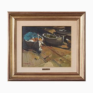 Joaquim Busquets Gruart, Bateaux de Pêche Post-impressionnistes, 1979, Huile sur Toile, Encadrée